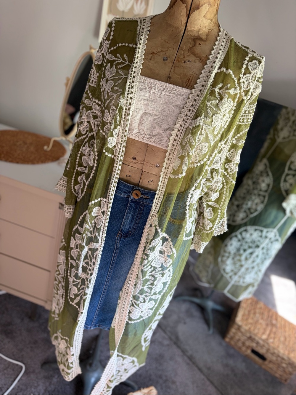 Olive Green Lace-Trim Kimono Duster- Unbranded